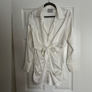 Runaway The Label Ivory Satin Tie-Front Shirt Dress